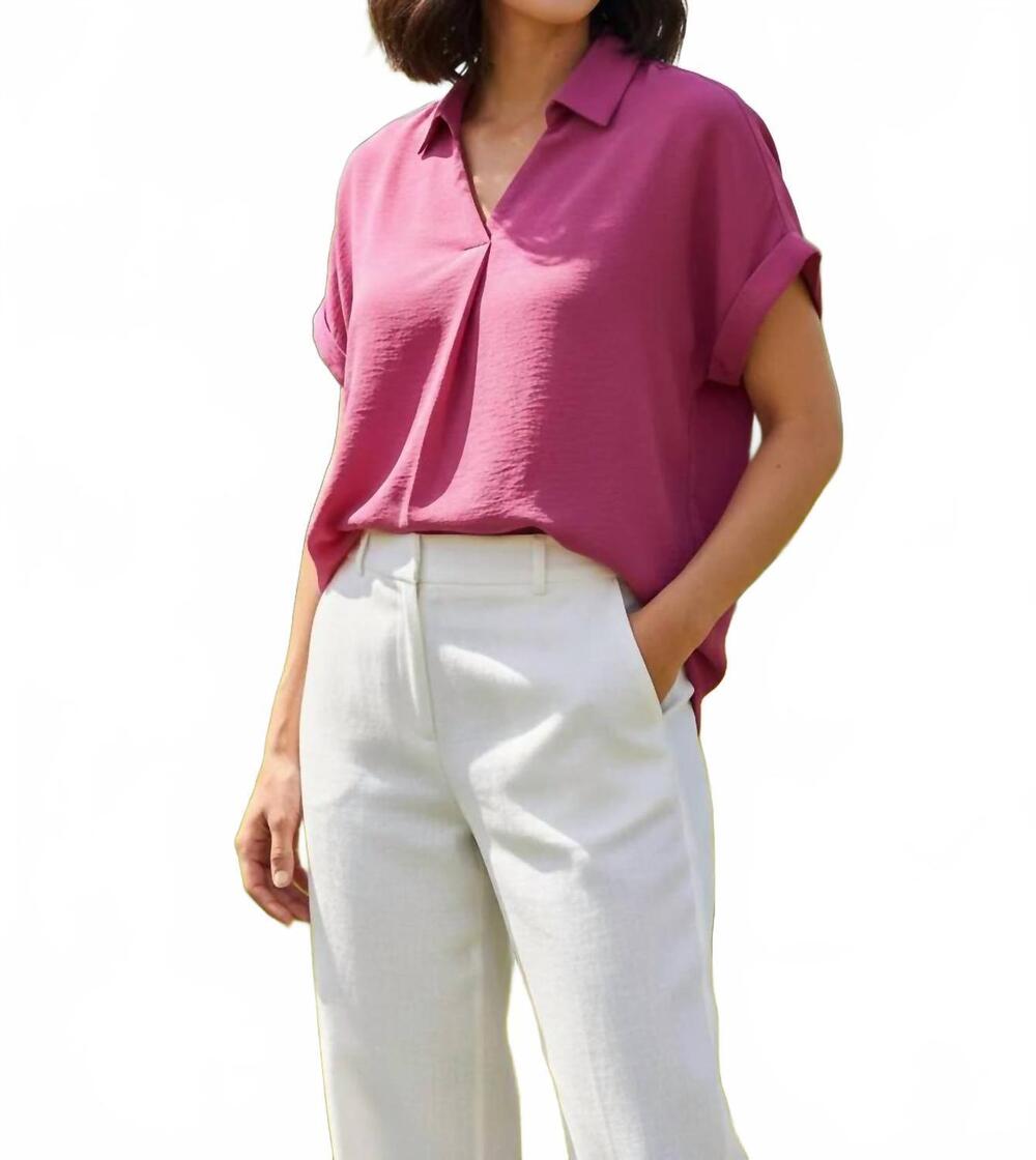 NEW SHE + SKY drop shoulder collared woven top in mauve pink